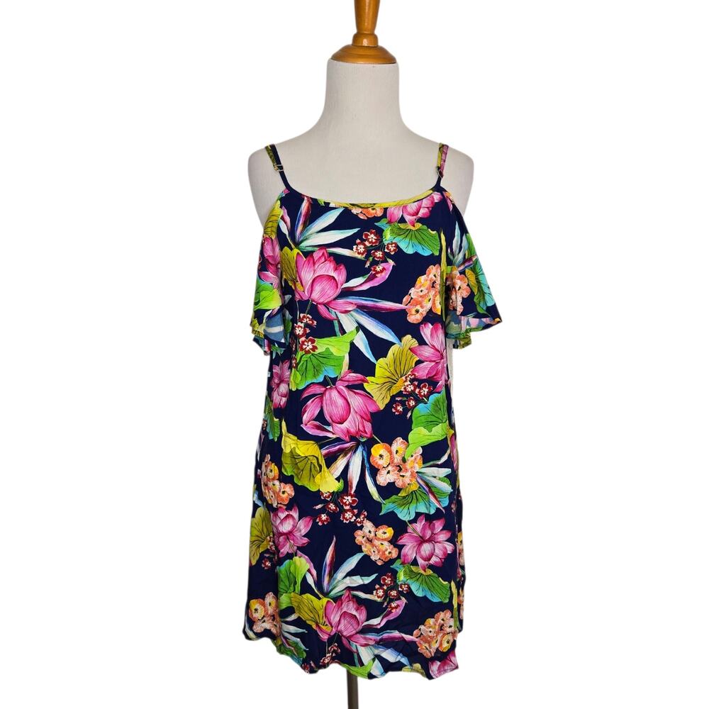 NWT La Blanca Tropical Floral Mini Dress Off The Shoulder Blue Women XS